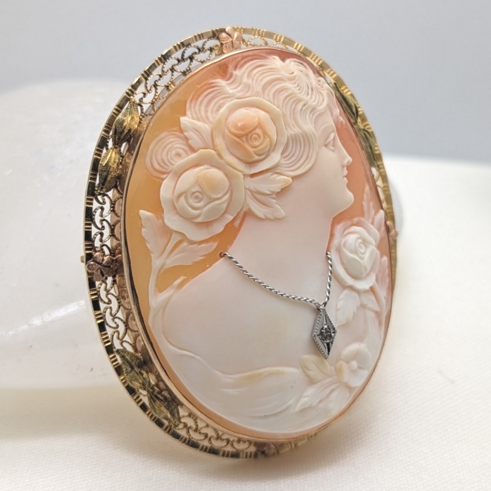 Beautiful Vintage Edwardian 10K Multi-color Cameo Brooch Pendant w/diamond